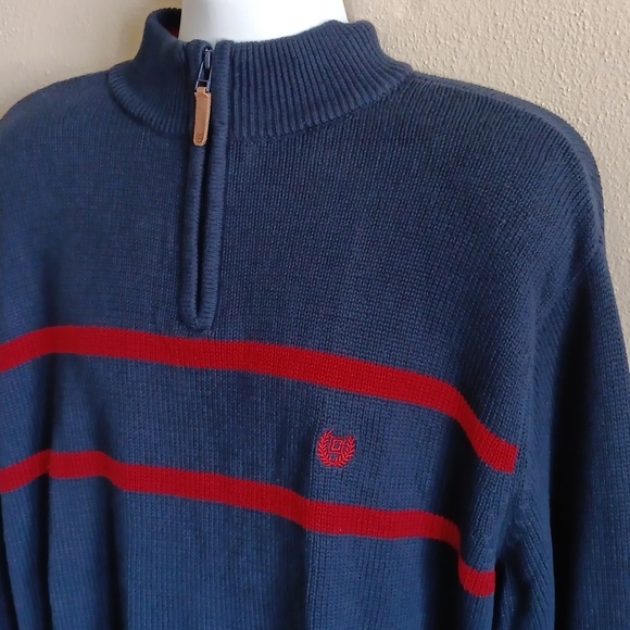 100% Cotton Navy & Red Thick Knit Pullover Sweater With Neck Zip, Mens Large - Picture 4 of 10